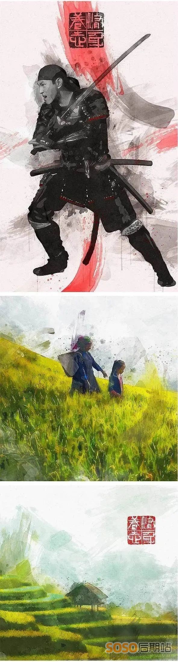 PS动作特效 中国风照片一键转手绘水墨彩画油画效果带教程 Photoshop插件设计